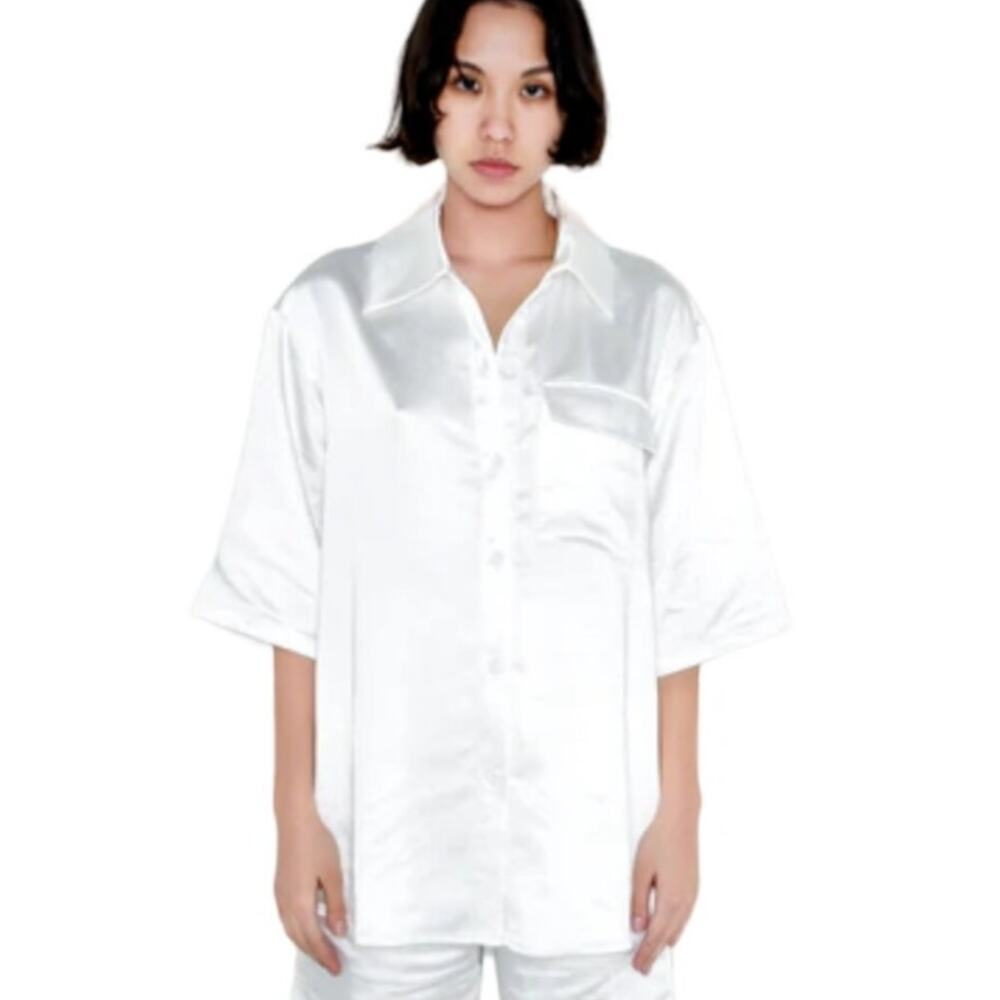 SUNDARBAY Ivory Satin Button up Blouse Short Sleeve Size 8